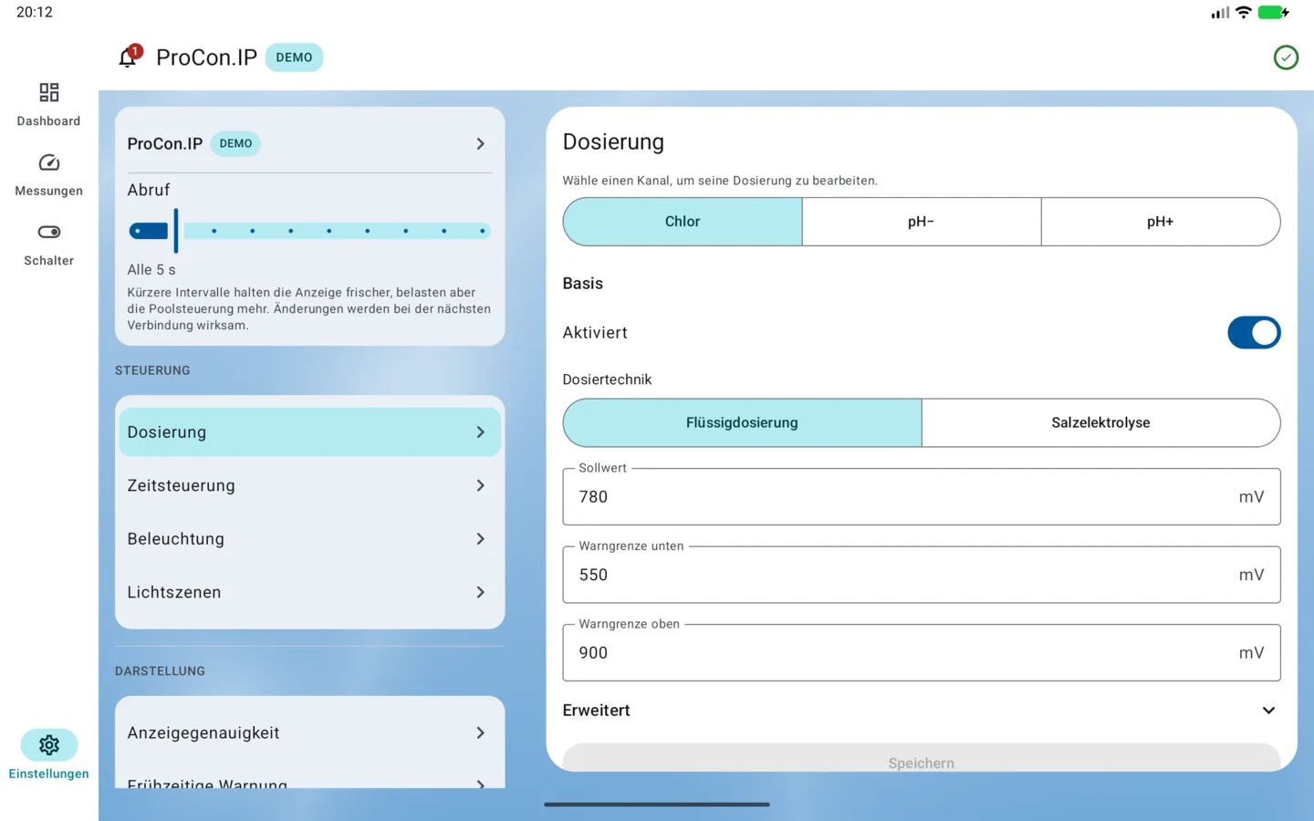 PoolPilot – Einstellungen (ProCon.IP) auf Android-Tablet