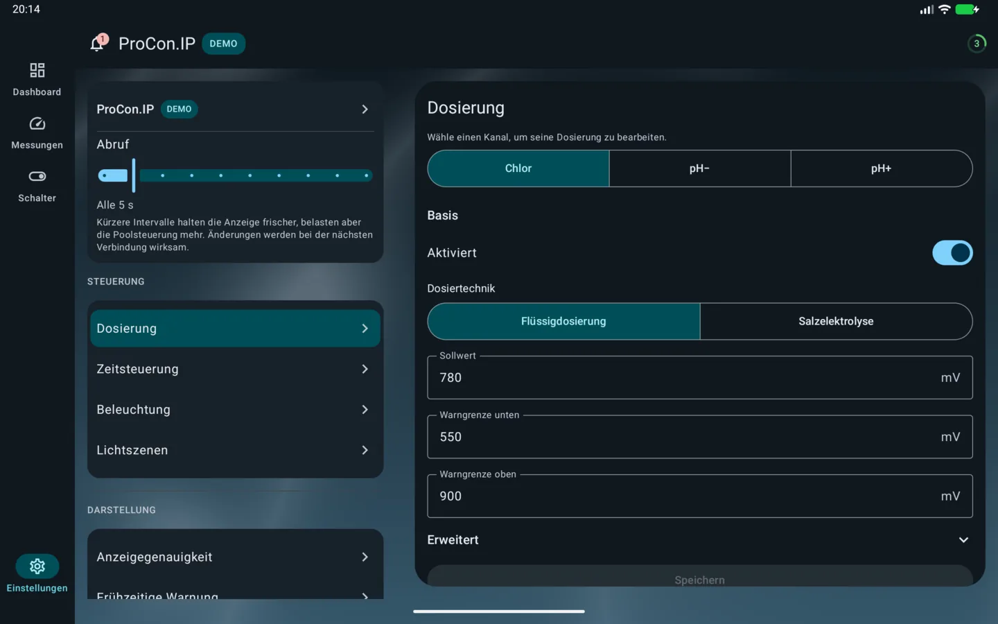 PoolPilot – Einstellungen (ProCon.IP) auf Android-Tablet