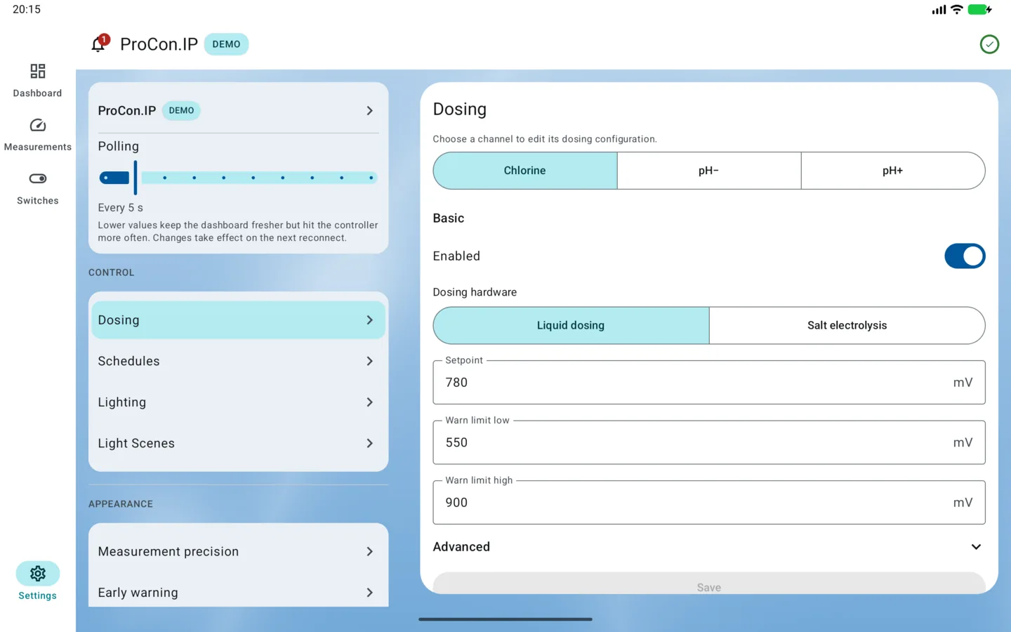 PoolPilot — Settings (ProCon.IP) on Android tablet