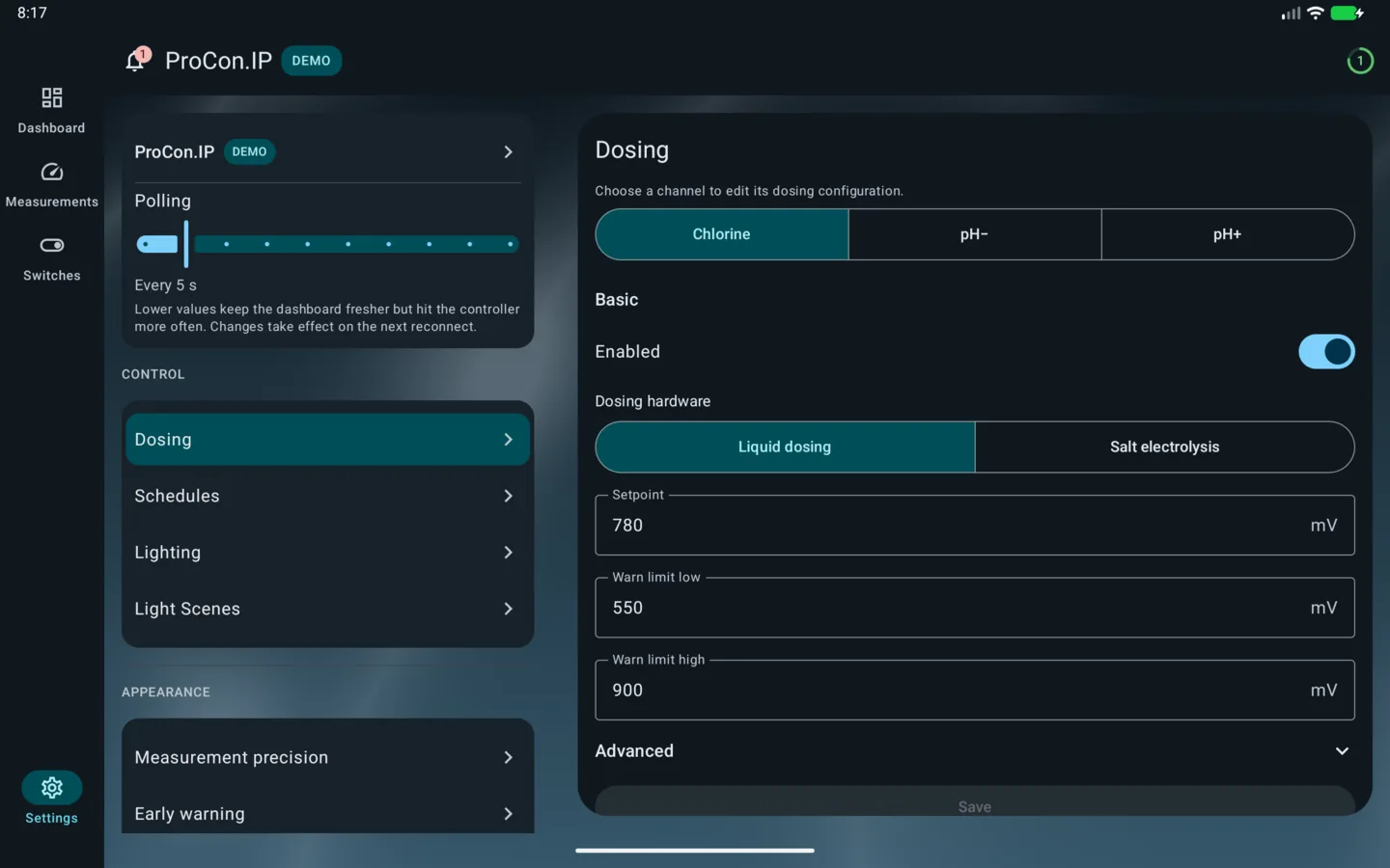 PoolPilot — Settings (ProCon.IP) on Android tablet
