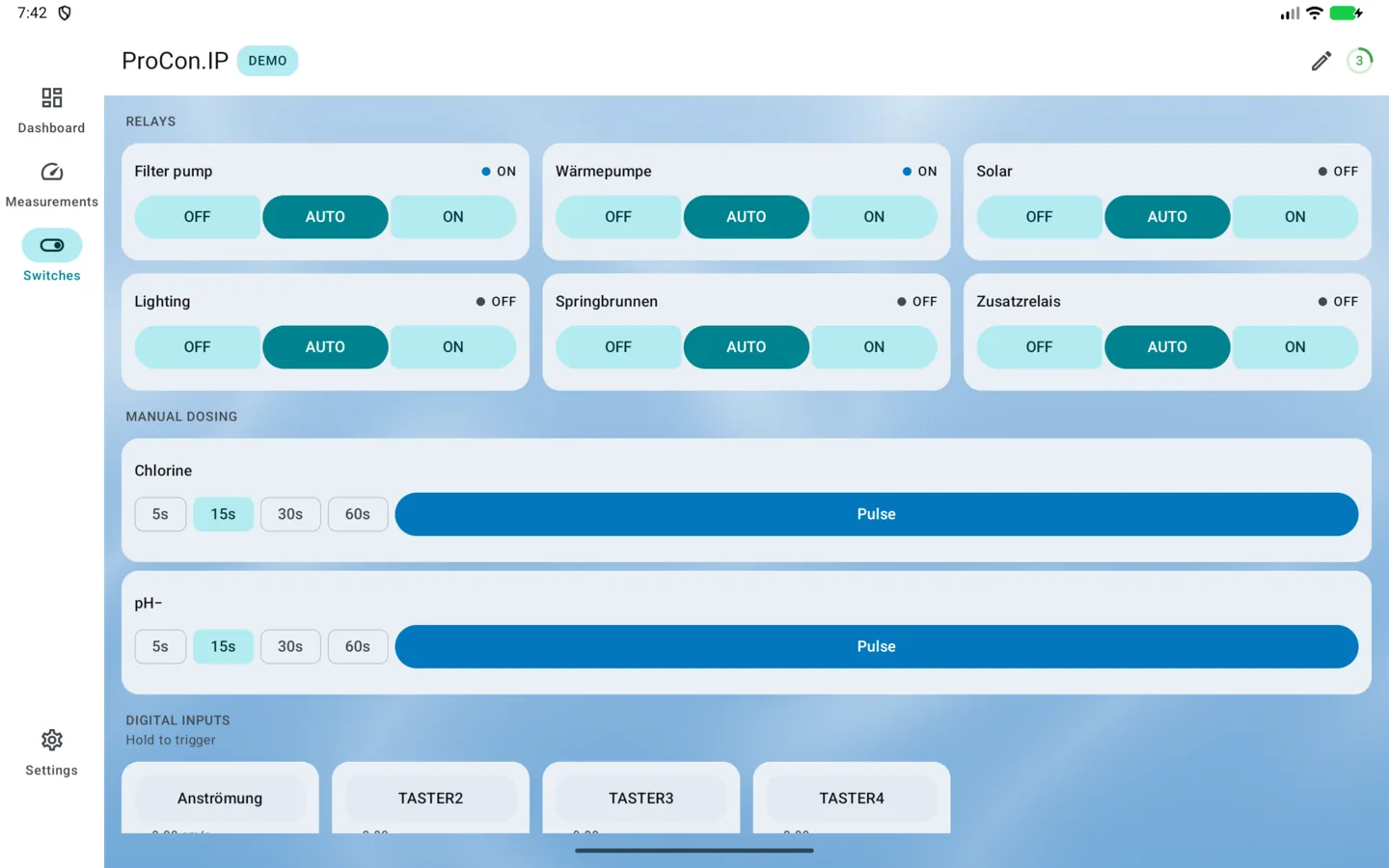 PoolPilot — Switches (ProCon.IP) on Android tablet