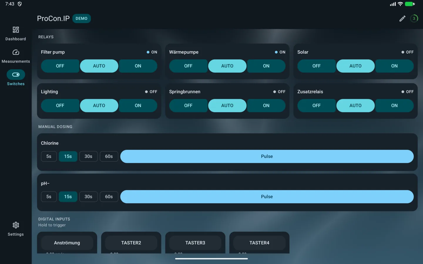 PoolPilot — Switches (ProCon.IP) on Android tablet