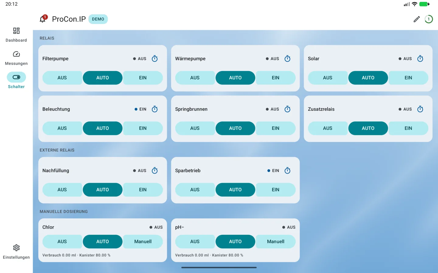 PoolPilot – Schalter (ProCon.IP) auf Android-Tablet