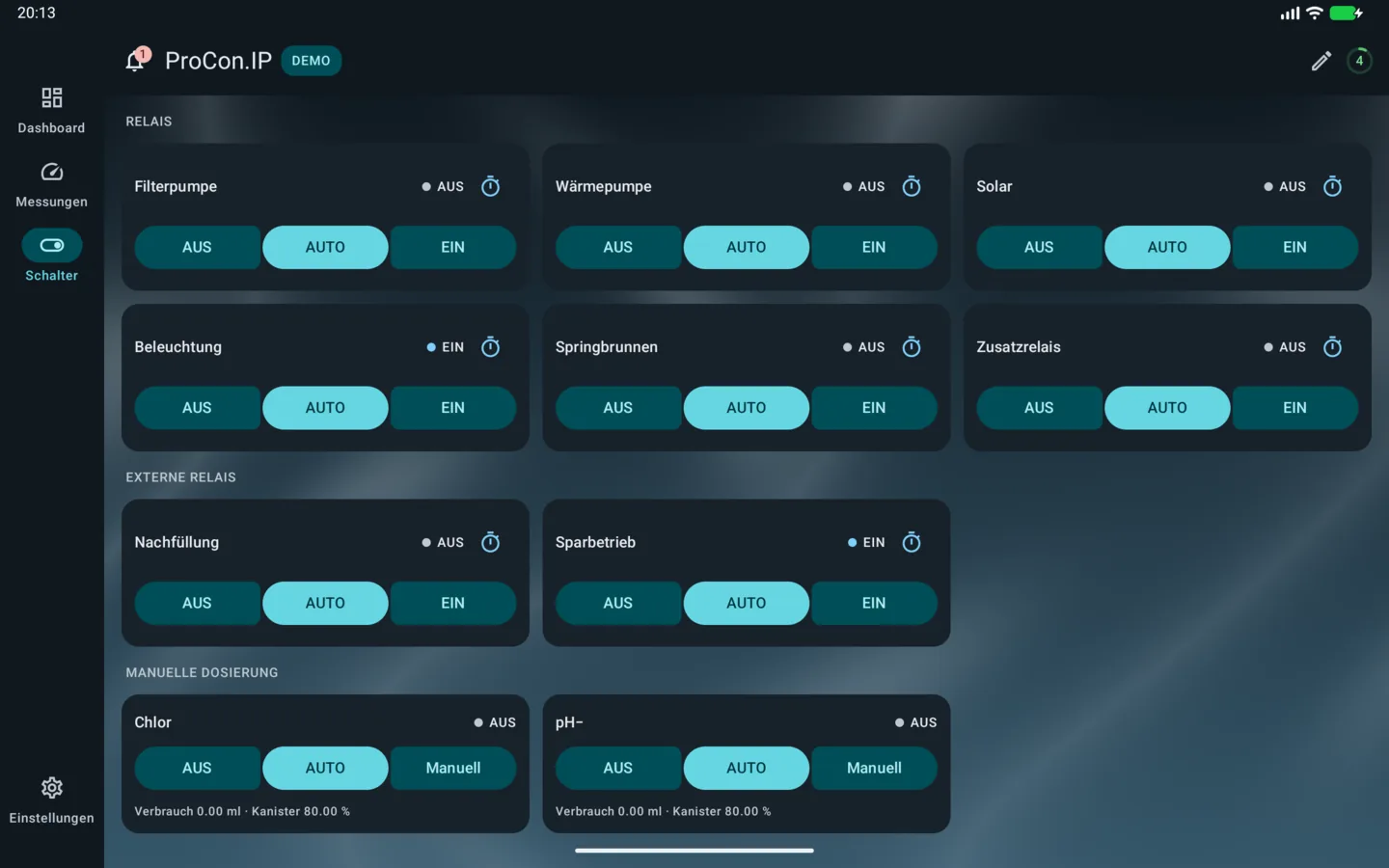 PoolPilot – Schalter (ProCon.IP) auf Android-Tablet