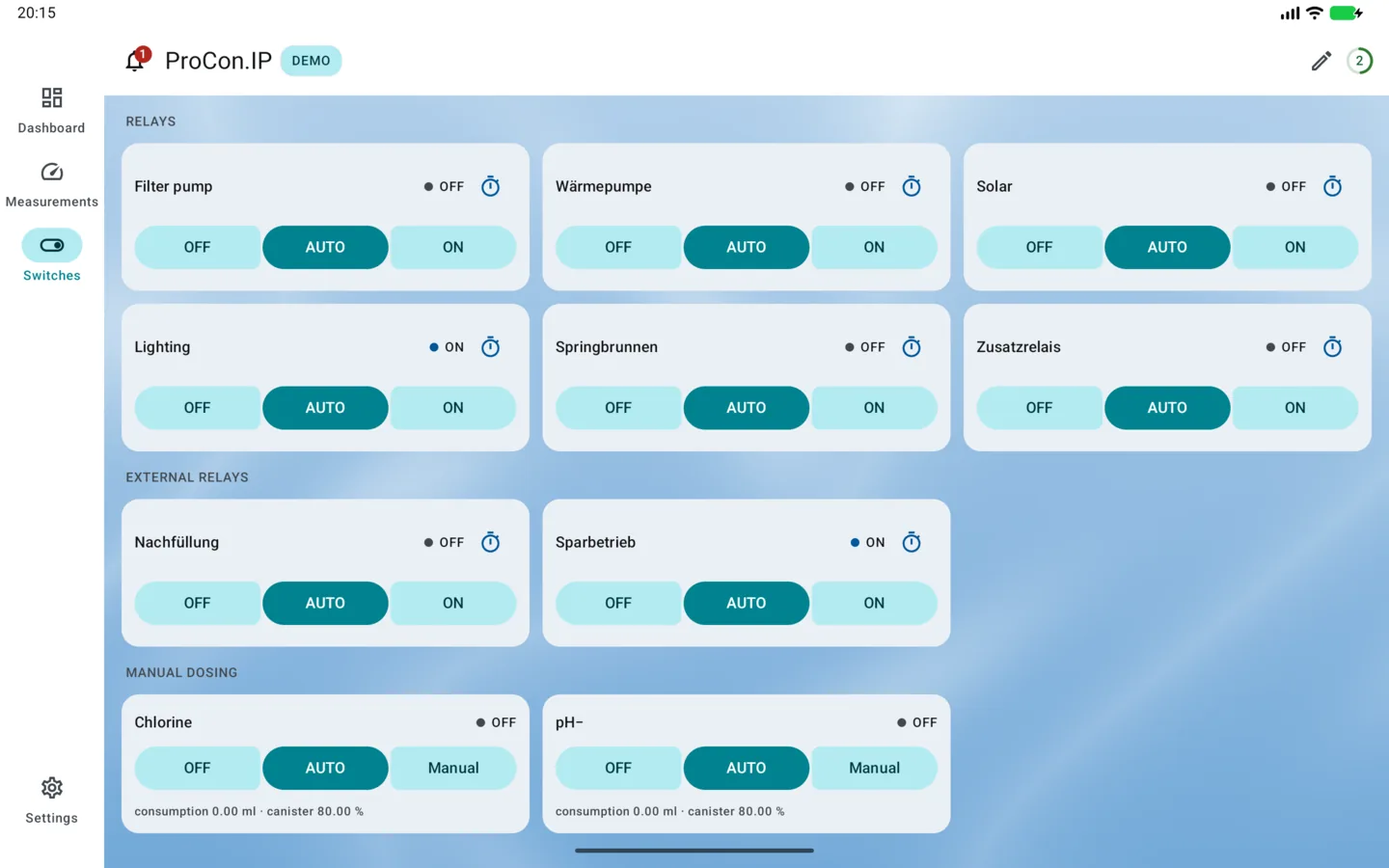 PoolPilot — Switches (ProCon.IP) on Android tablet