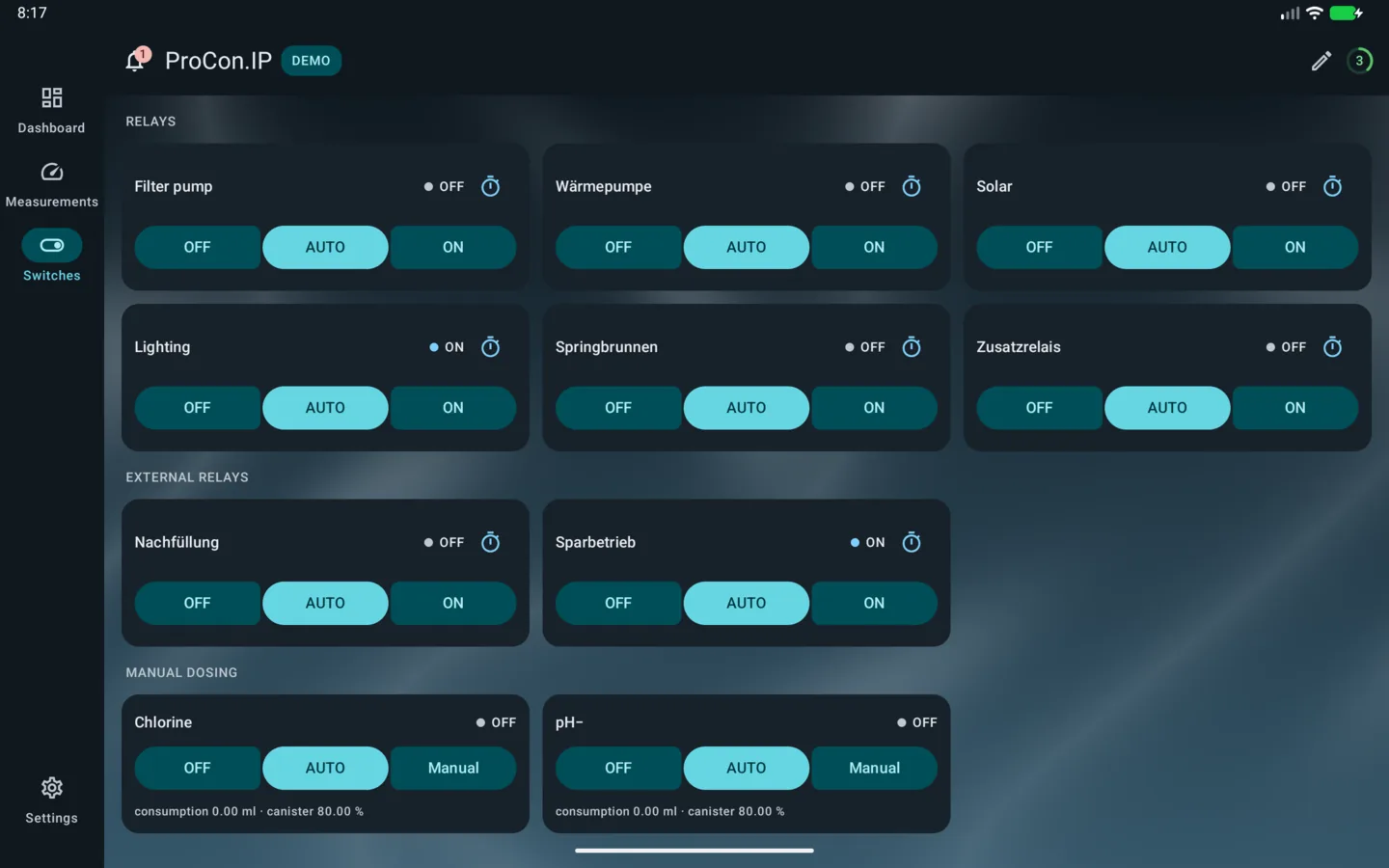 PoolPilot — Switches (ProCon.IP) on Android tablet