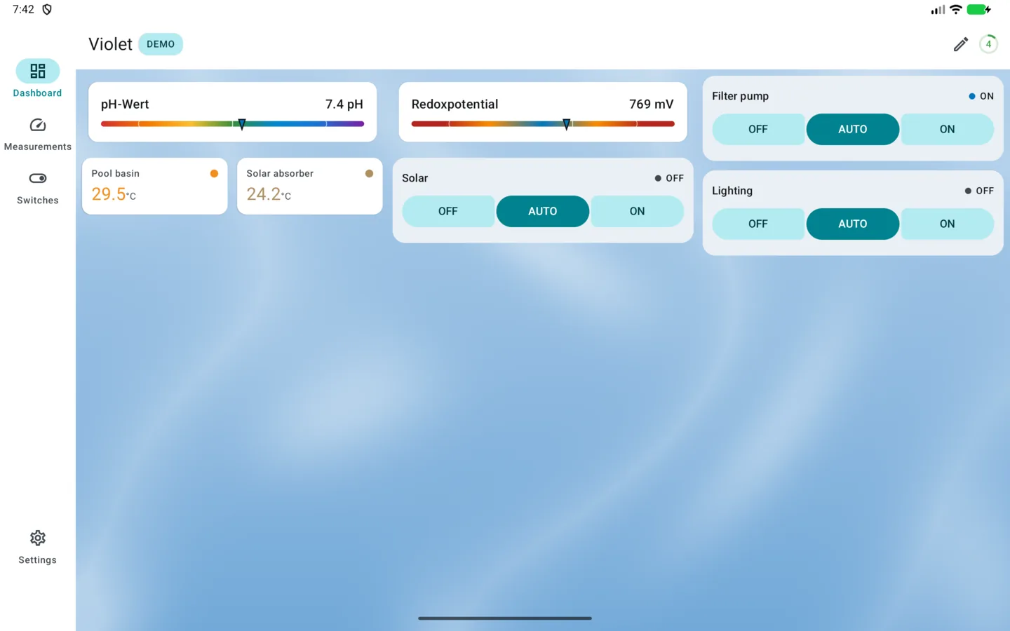 PoolPilot — Dashboard (VIOLET) on Android tablet
