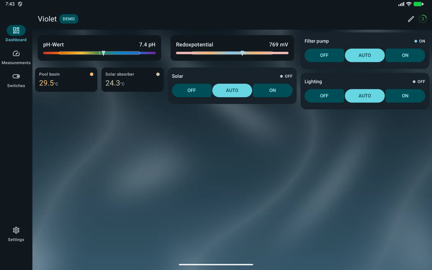 PoolPilot — Dashboard (VIOLET) on Android tablet