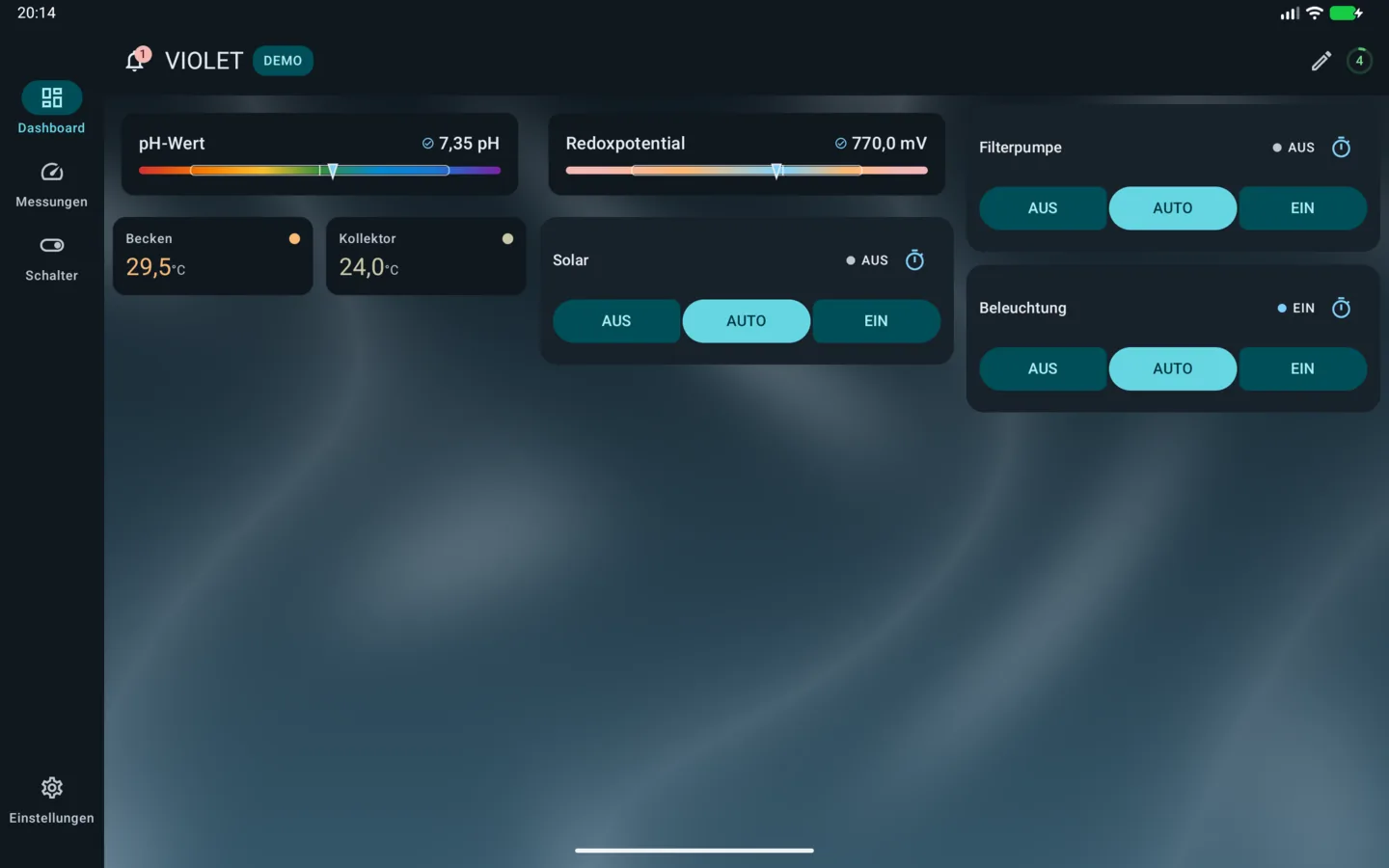 PoolPilot – Dashboard (VIOLET) auf Android-Tablet