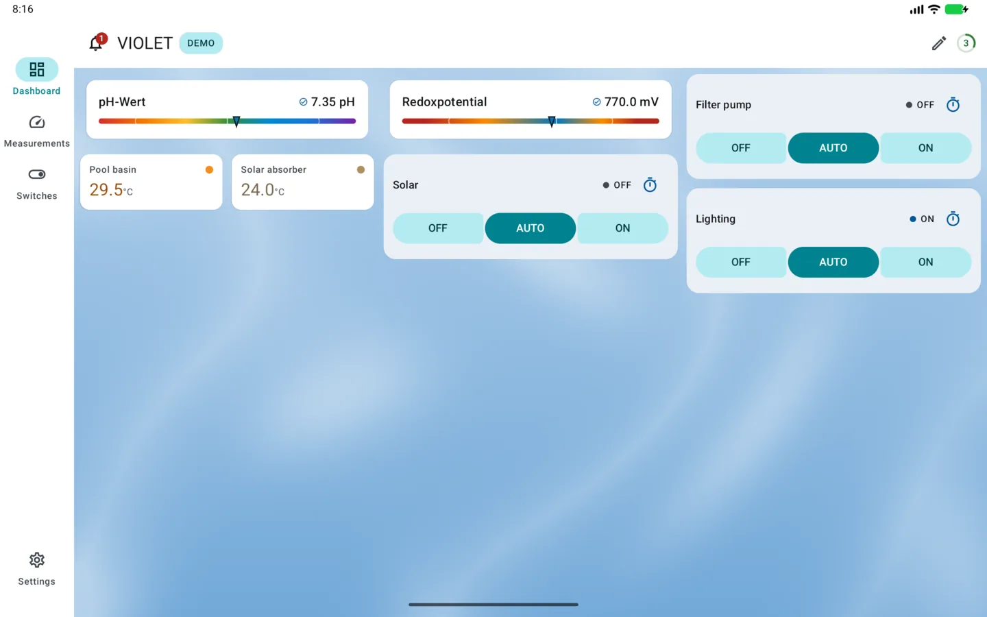 PoolPilot — Dashboard (VIOLET) on Android tablet