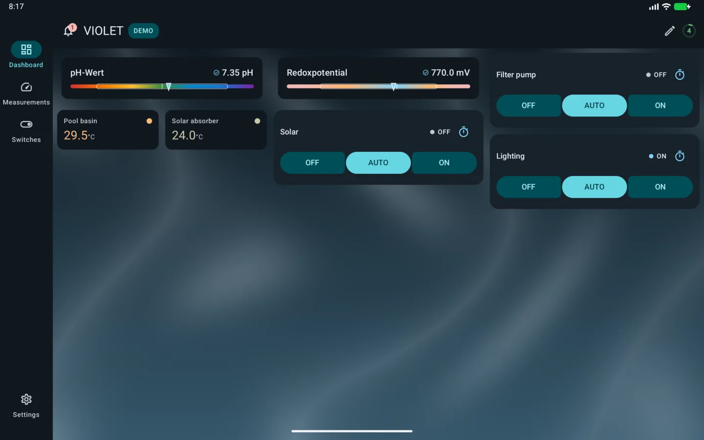 PoolPilot — Dashboard (VIOLET) on Android tablet