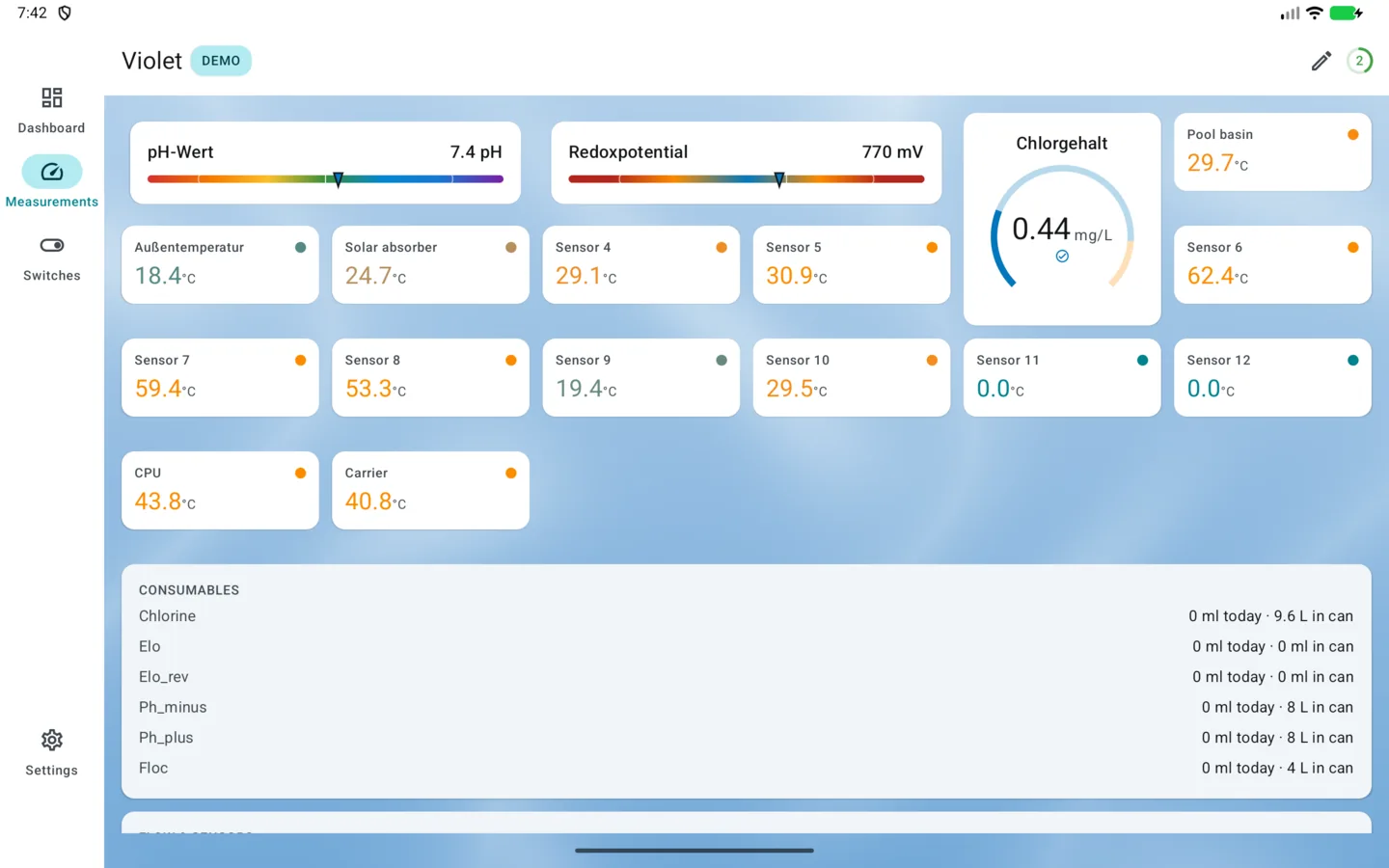 PoolPilot — Measurements (VIOLET) on Android tablet