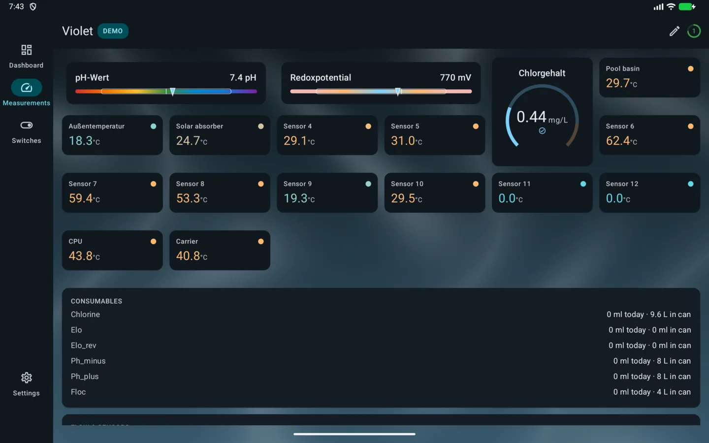 PoolPilot — Measurements (VIOLET) on Android tablet