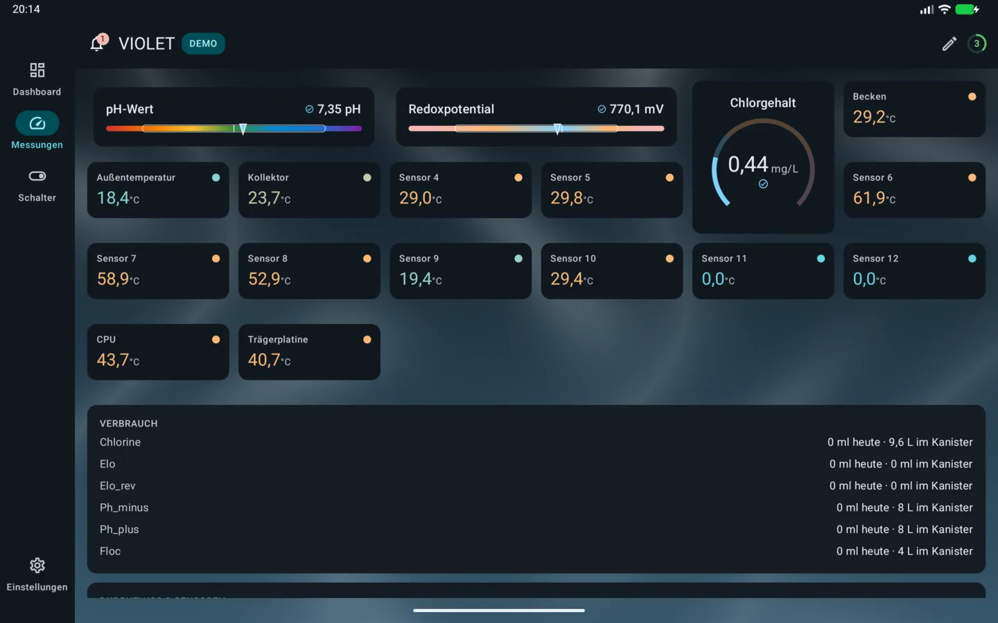 PoolPilot – Messungen (VIOLET) auf Android-Tablet