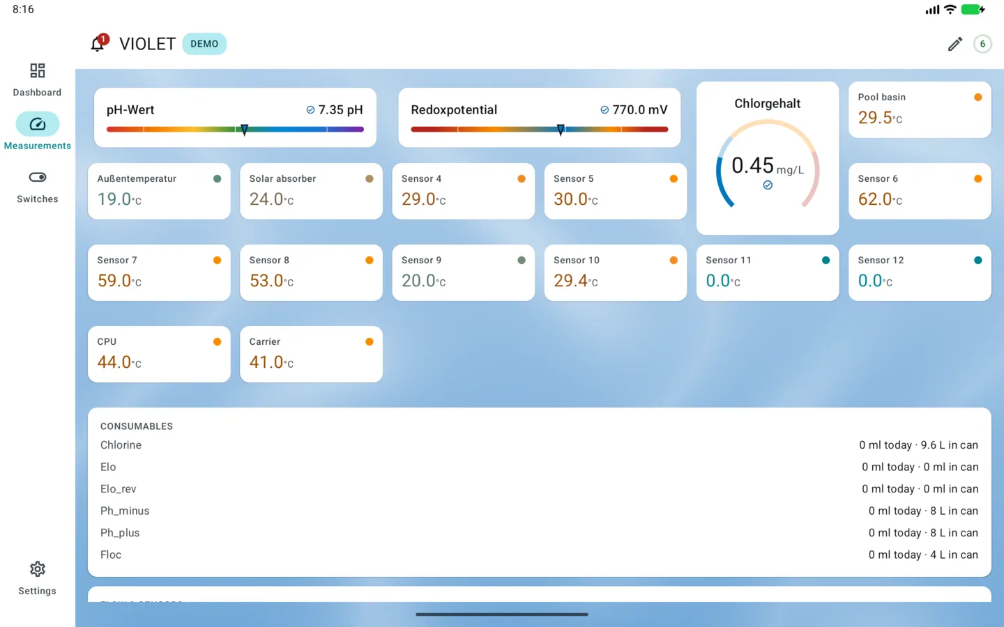 PoolPilot — Measurements (VIOLET) on Android tablet