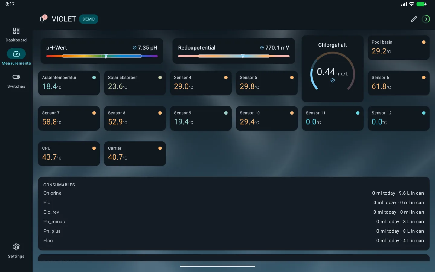 PoolPilot — Measurements (VIOLET) on Android tablet