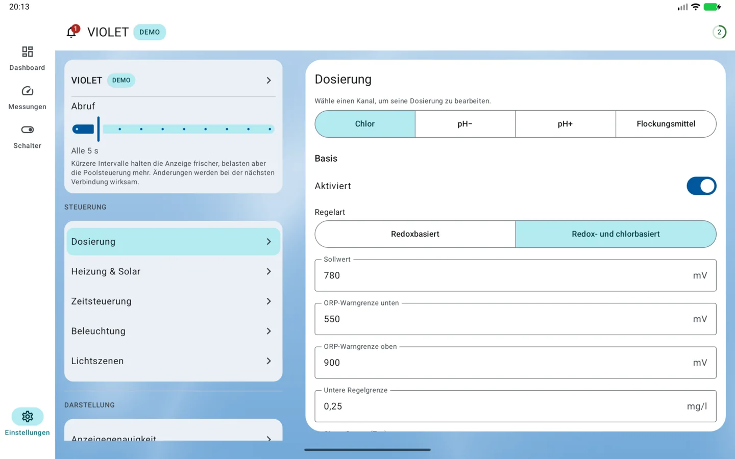 PoolPilot – Einstellungen (VIOLET) auf Android-Tablet