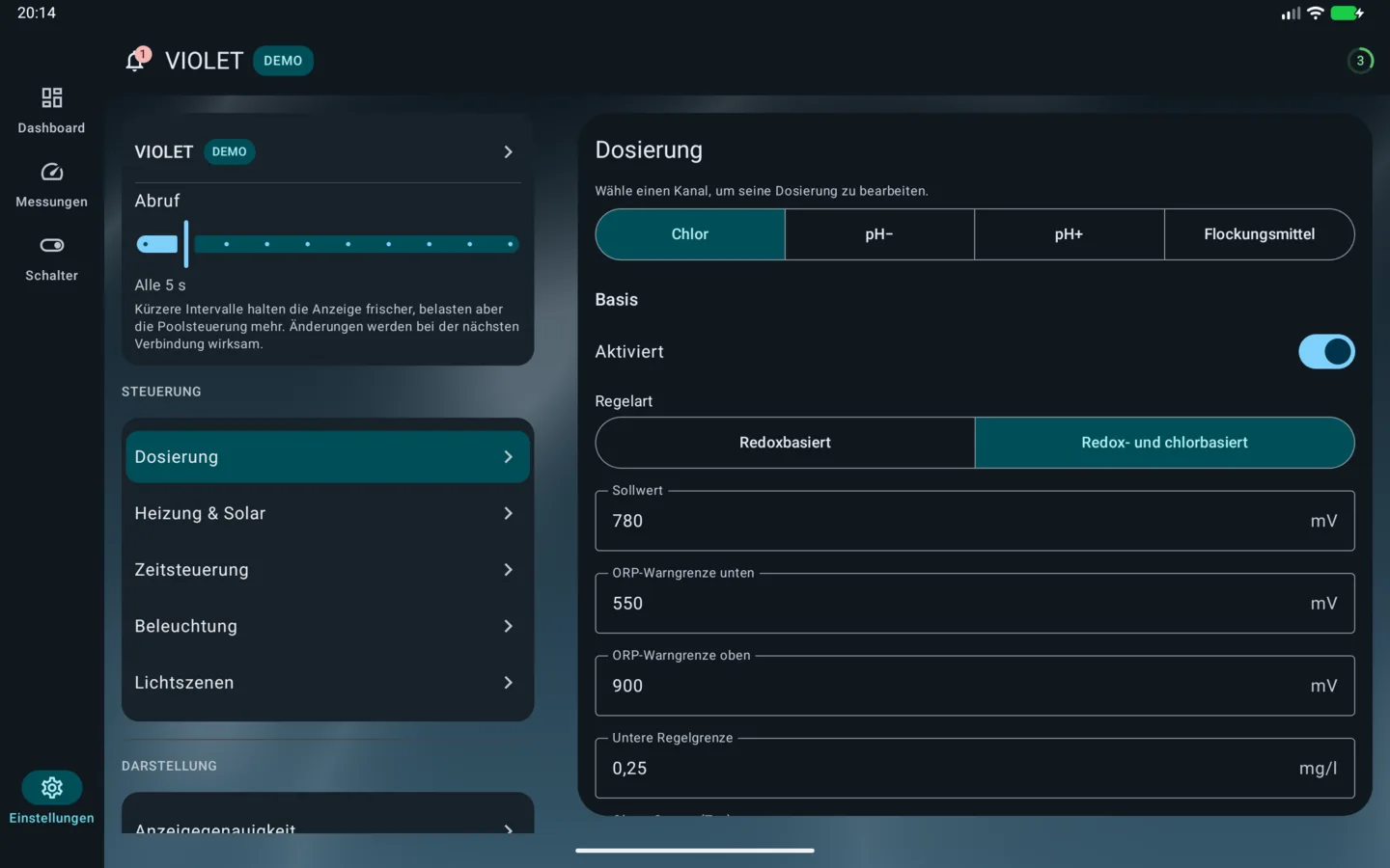 PoolPilot – Einstellungen (VIOLET) auf Android-Tablet