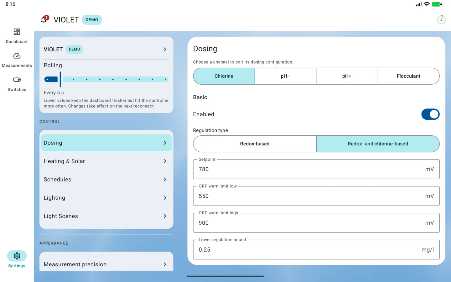 PoolPilot — Settings (VIOLET) on Android tablet