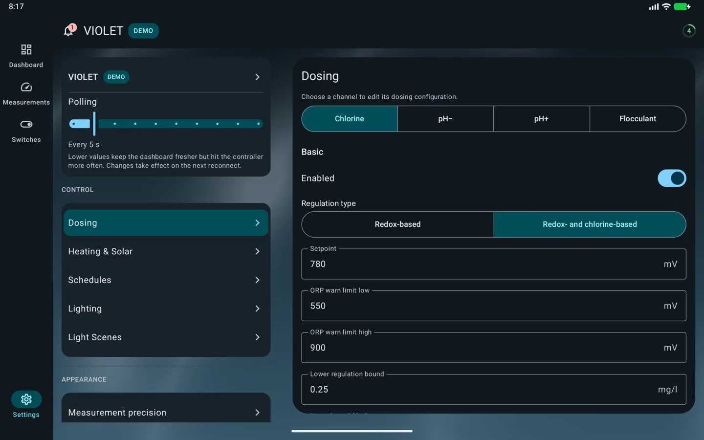 PoolPilot — Settings (VIOLET) on Android tablet