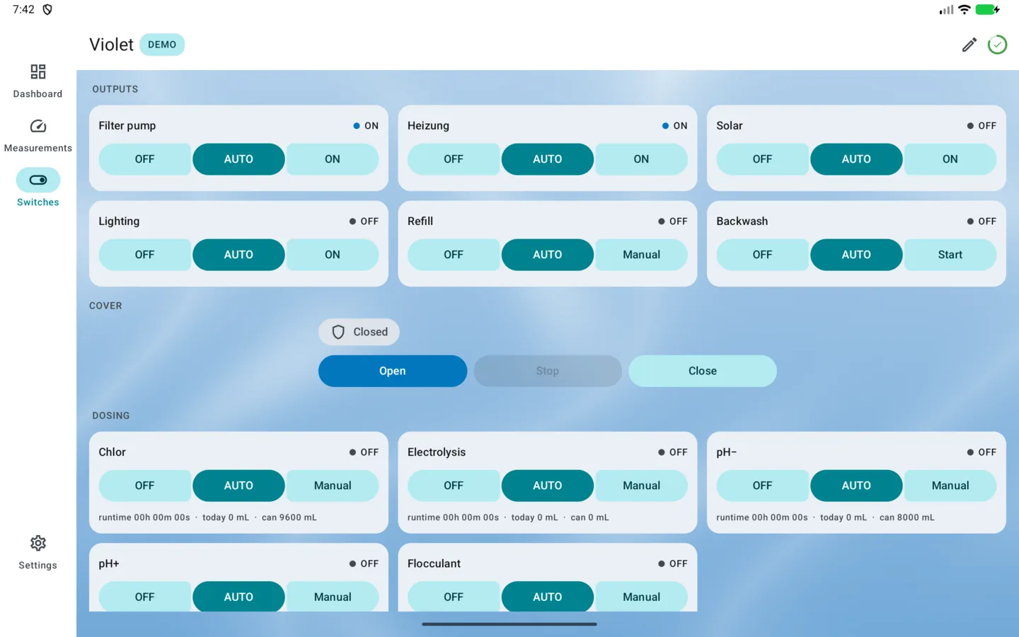 PoolPilot — Switches (VIOLET) on Android tablet
