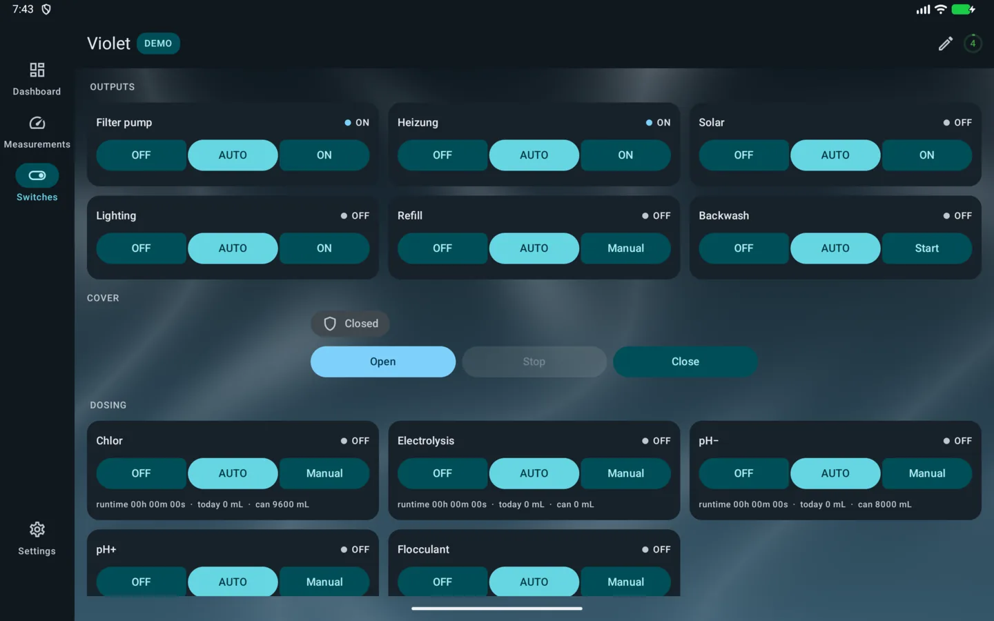 PoolPilot — Switches (VIOLET) on Android tablet