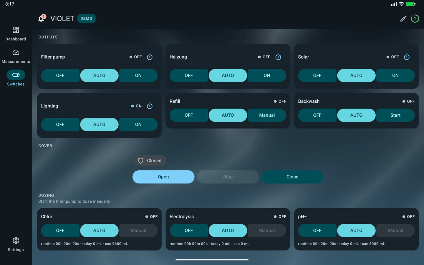 PoolPilot — Switches (VIOLET) on Android tablet