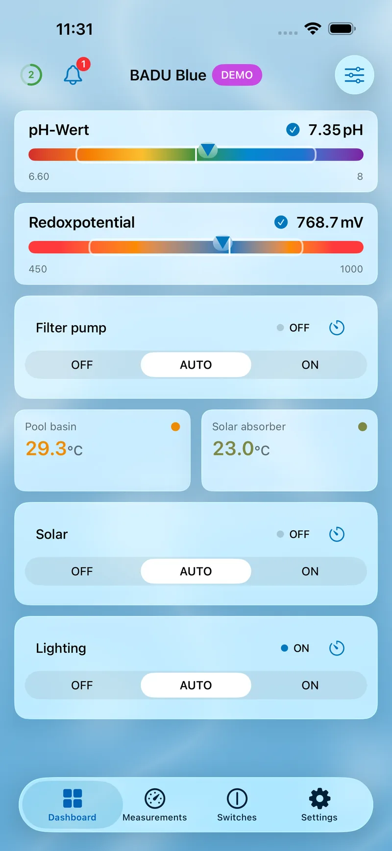 PoolPilot – Dashboard (BADU Blue) auf iOS
