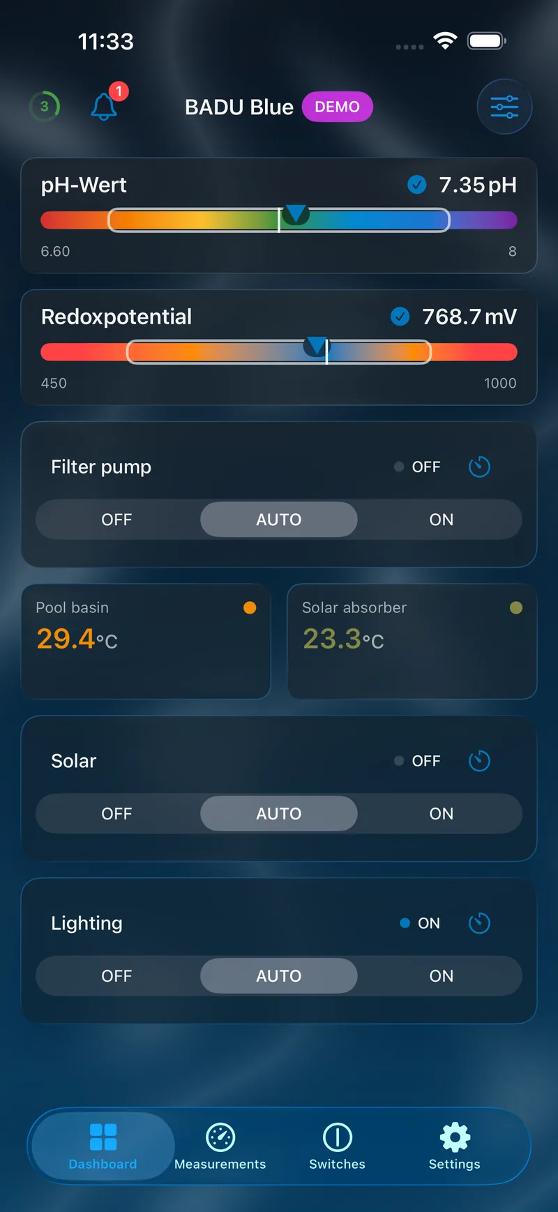 PoolPilot – Dashboard (BADU Blue) auf iOS