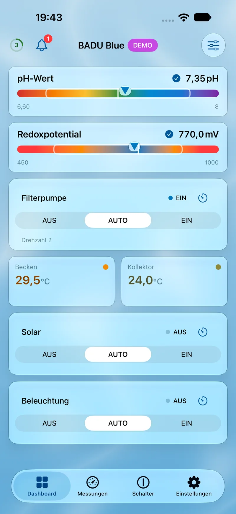 PoolPilot – Dashboard (BADU Blue) auf iOS