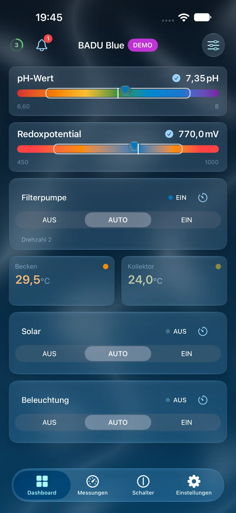 PoolPilot – Dashboard (BADU Blue) auf iOS