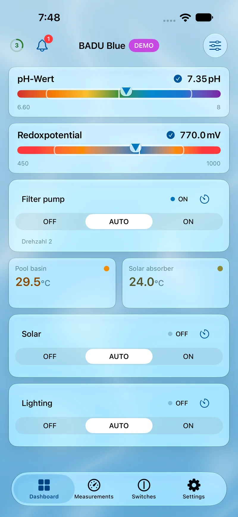 PoolPilot — Dashboard (BADU Blue) on iOS