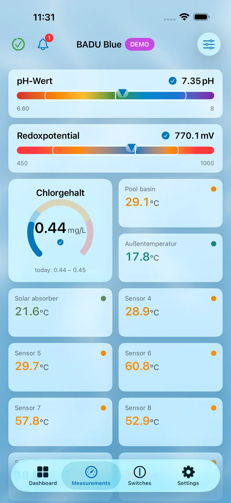 PoolPilot – Messungen (BADU Blue) auf iOS