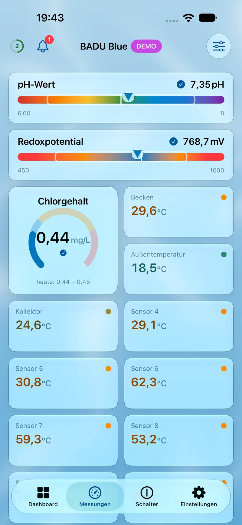 PoolPilot – Messungen (BADU Blue) auf iOS