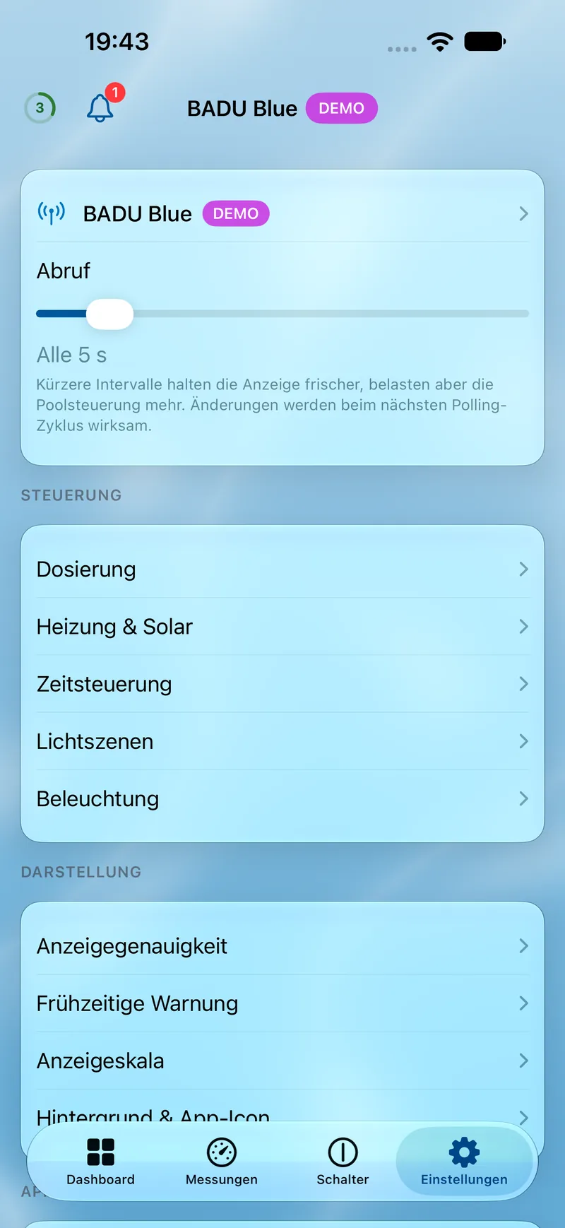 PoolPilot – Einstellungen (BADU Blue) auf iOS