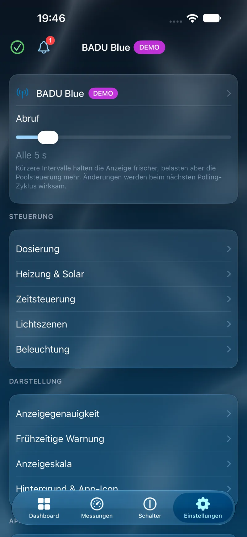PoolPilot – Einstellungen (BADU Blue) auf iOS