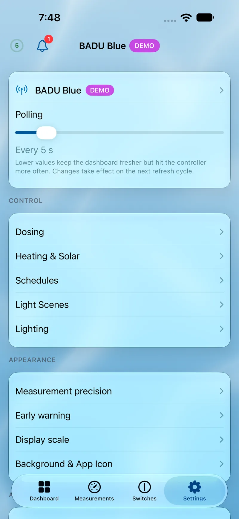 PoolPilot — Settings (BADU Blue) on iOS