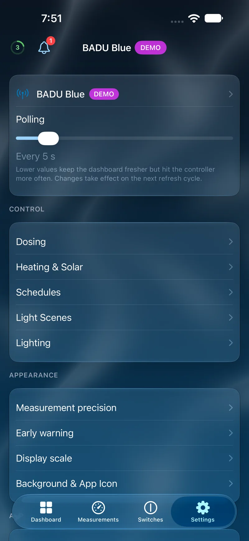 PoolPilot — Settings (BADU Blue) on iOS