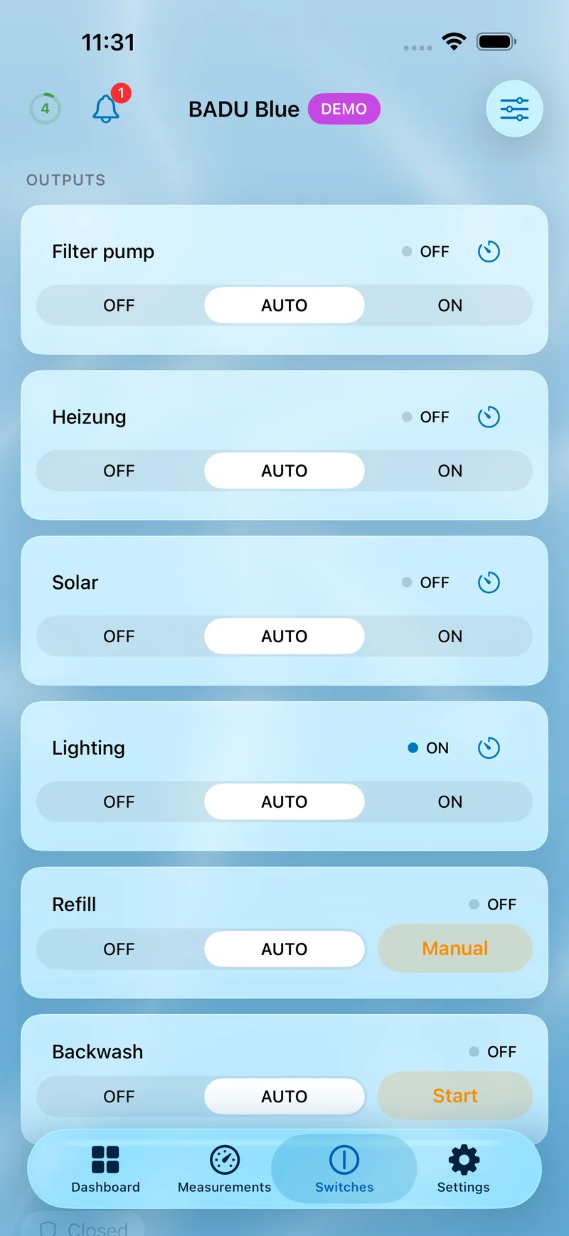 PoolPilot – Schaltausgänge (BADU Blue) auf iOS