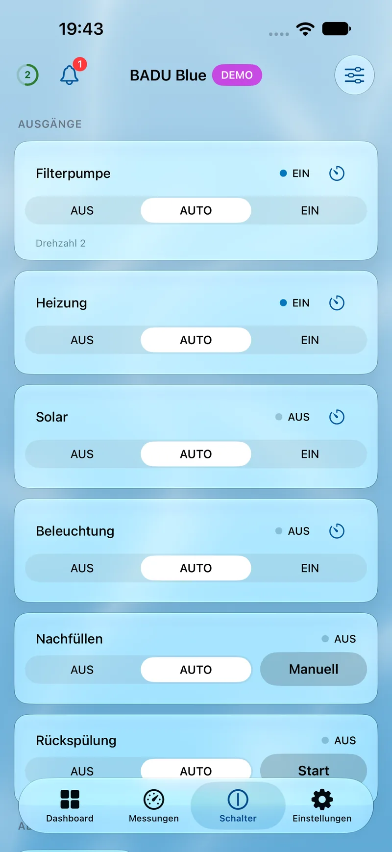 PoolPilot – Schalter (BADU Blue) auf iOS