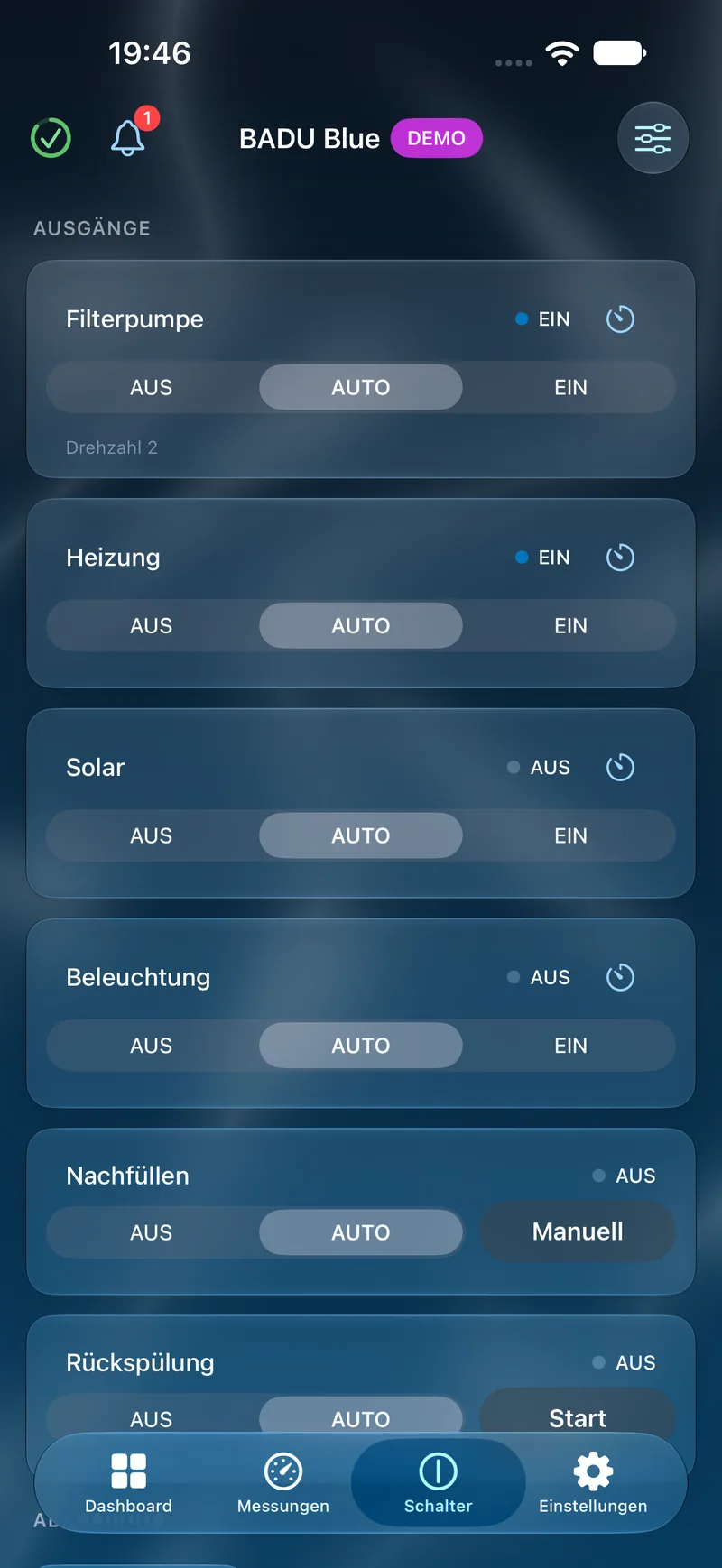 PoolPilot – Schalter (BADU Blue) auf iOS