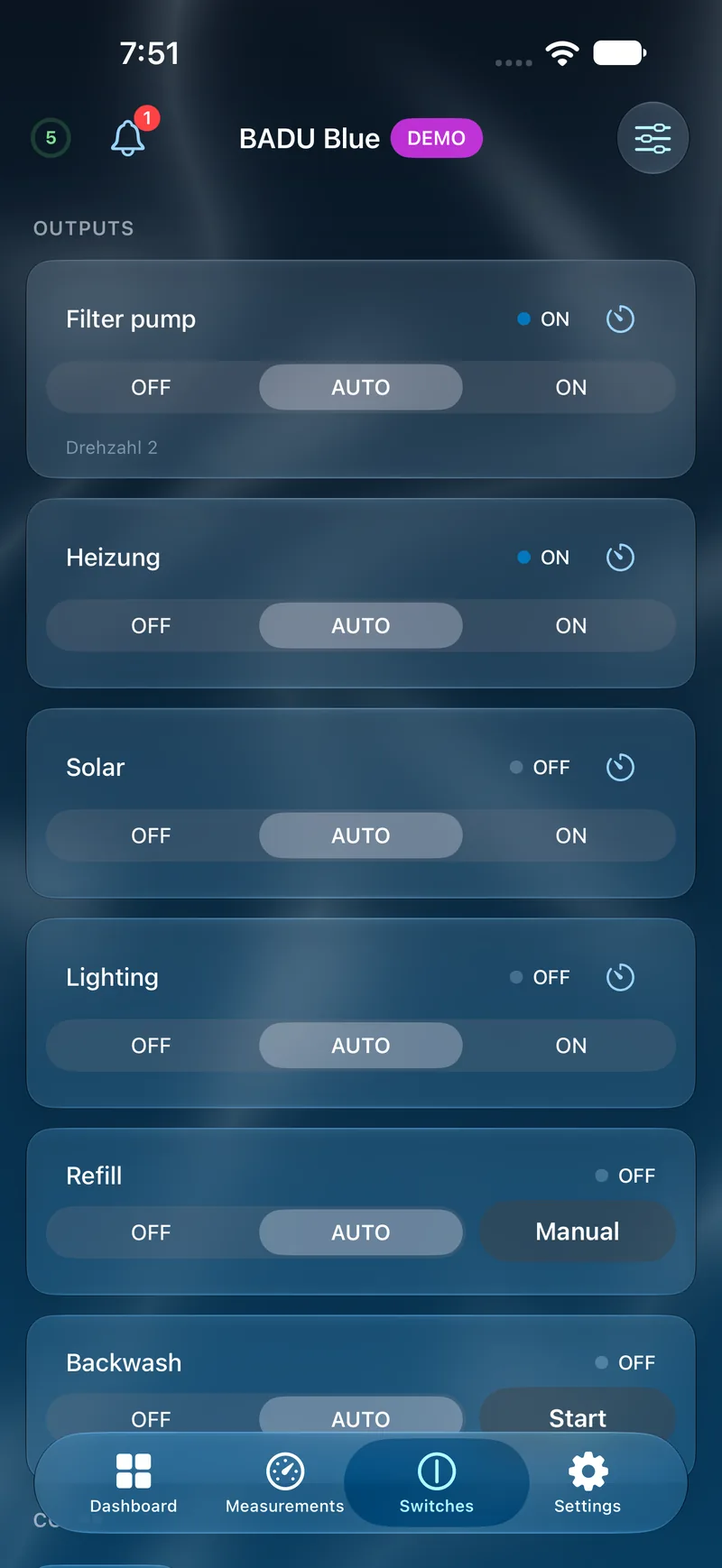 PoolPilot — Switches (BADU Blue) on iOS
