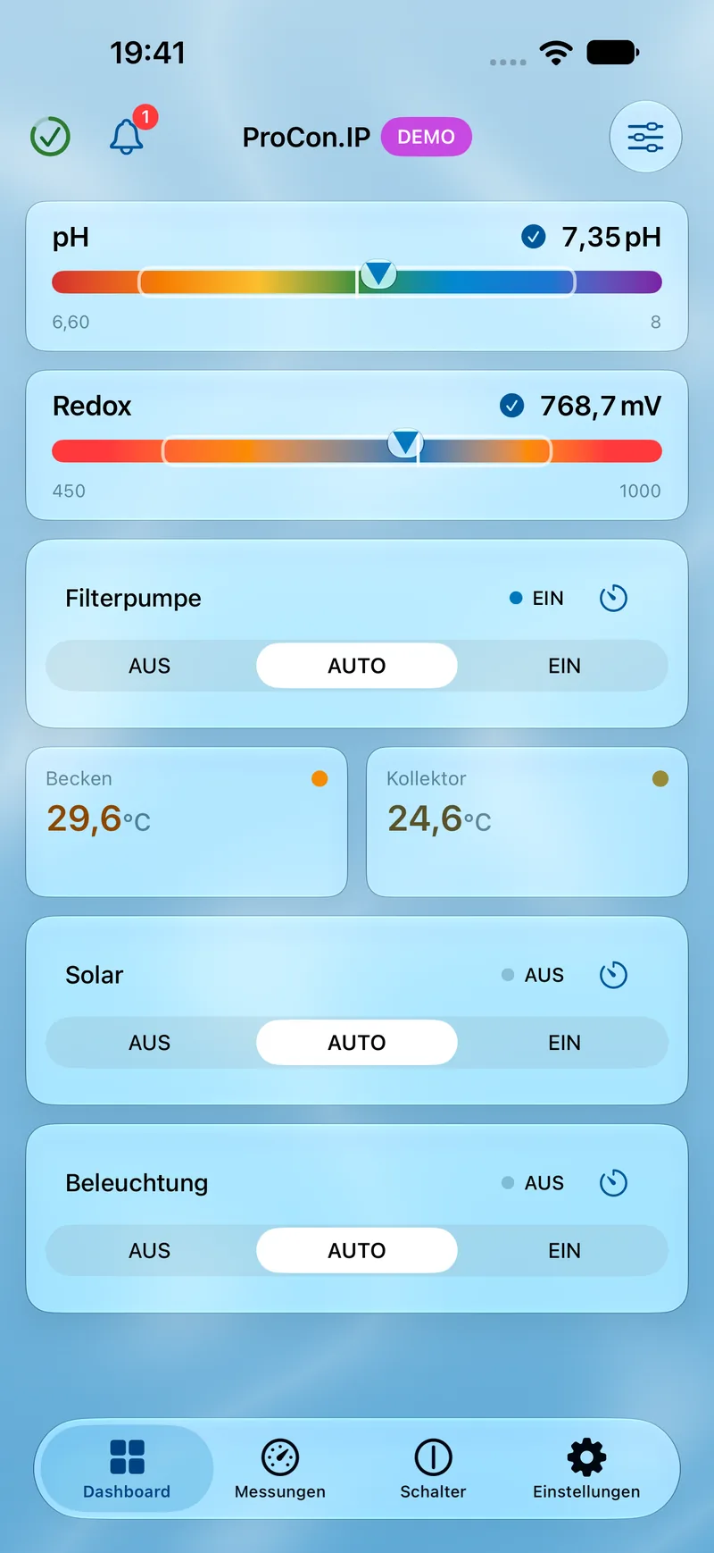 PoolPilot – Dashboard (ProCon.IP) auf iOS