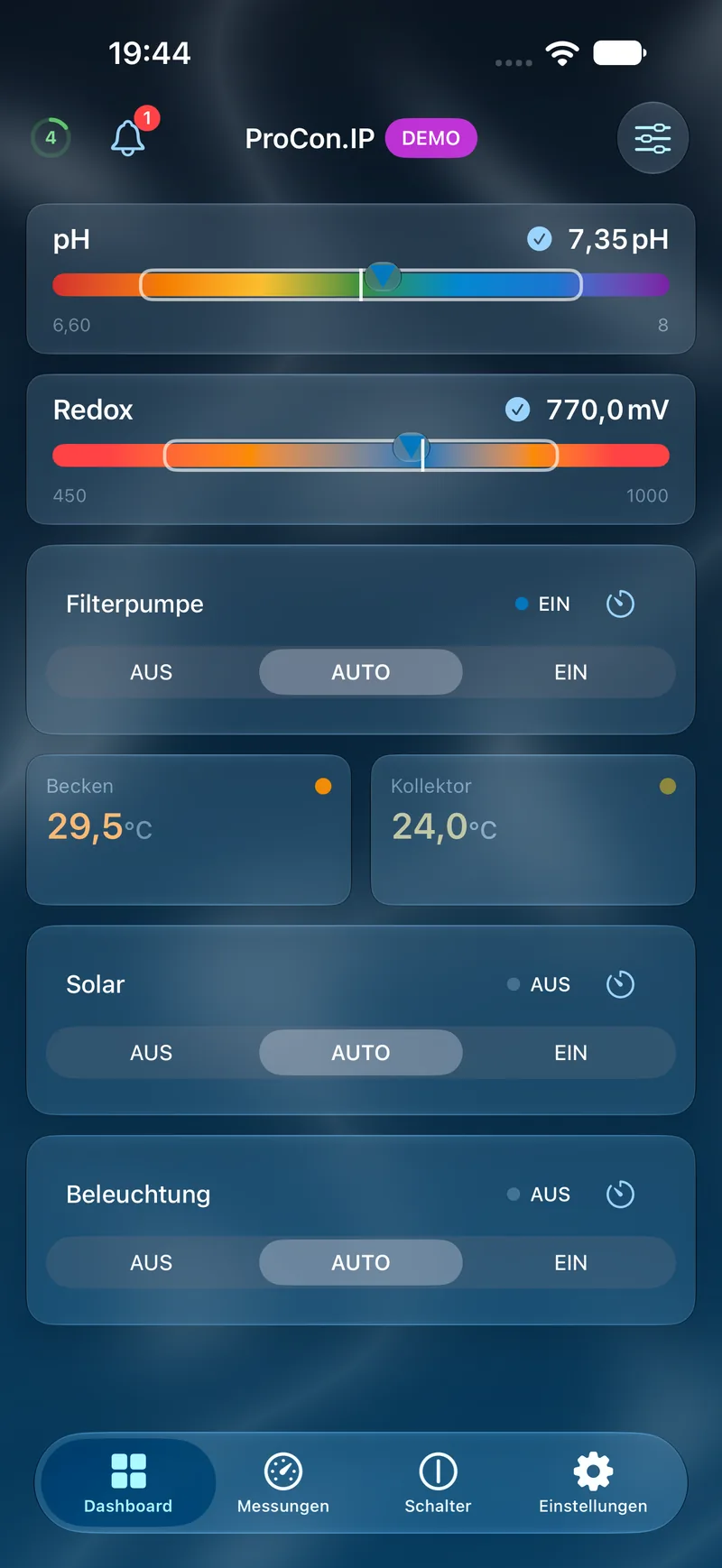 PoolPilot – Dashboard (ProCon.IP) auf iOS