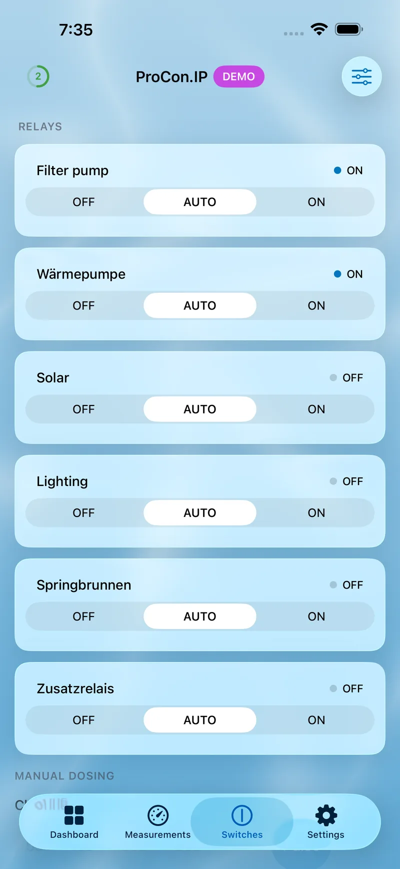PoolPilot — Switches (ProCon.IP) on iOS