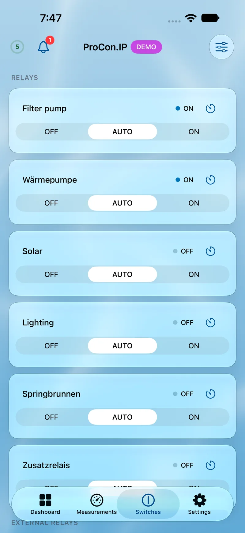 PoolPilot — Switches (ProCon.IP) on iOS