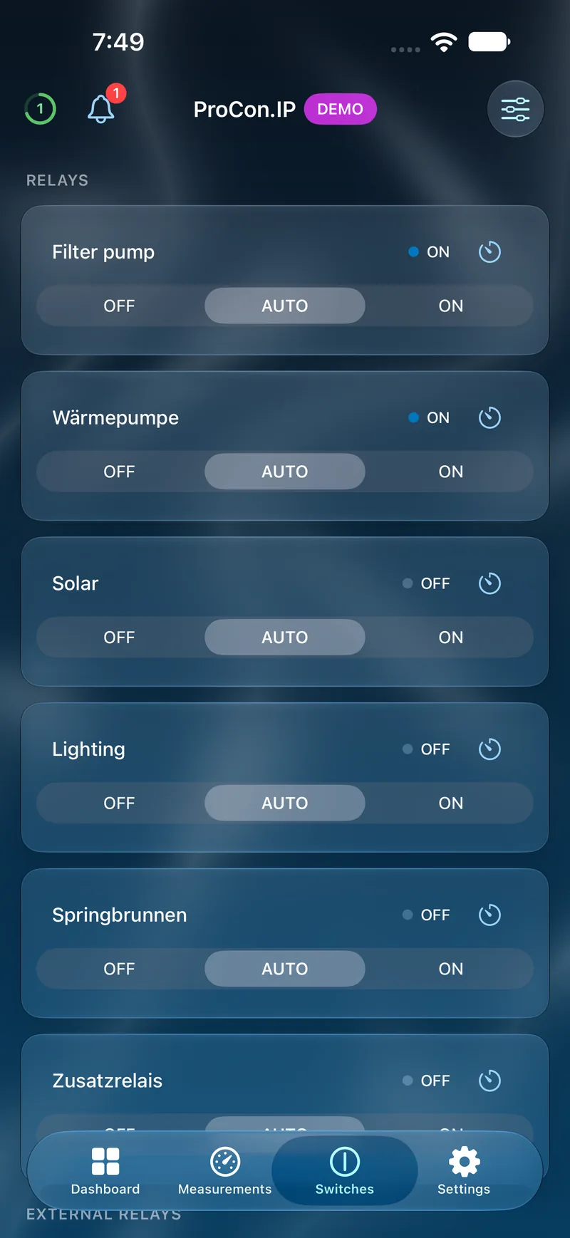 PoolPilot — Switches (ProCon.IP) on iOS