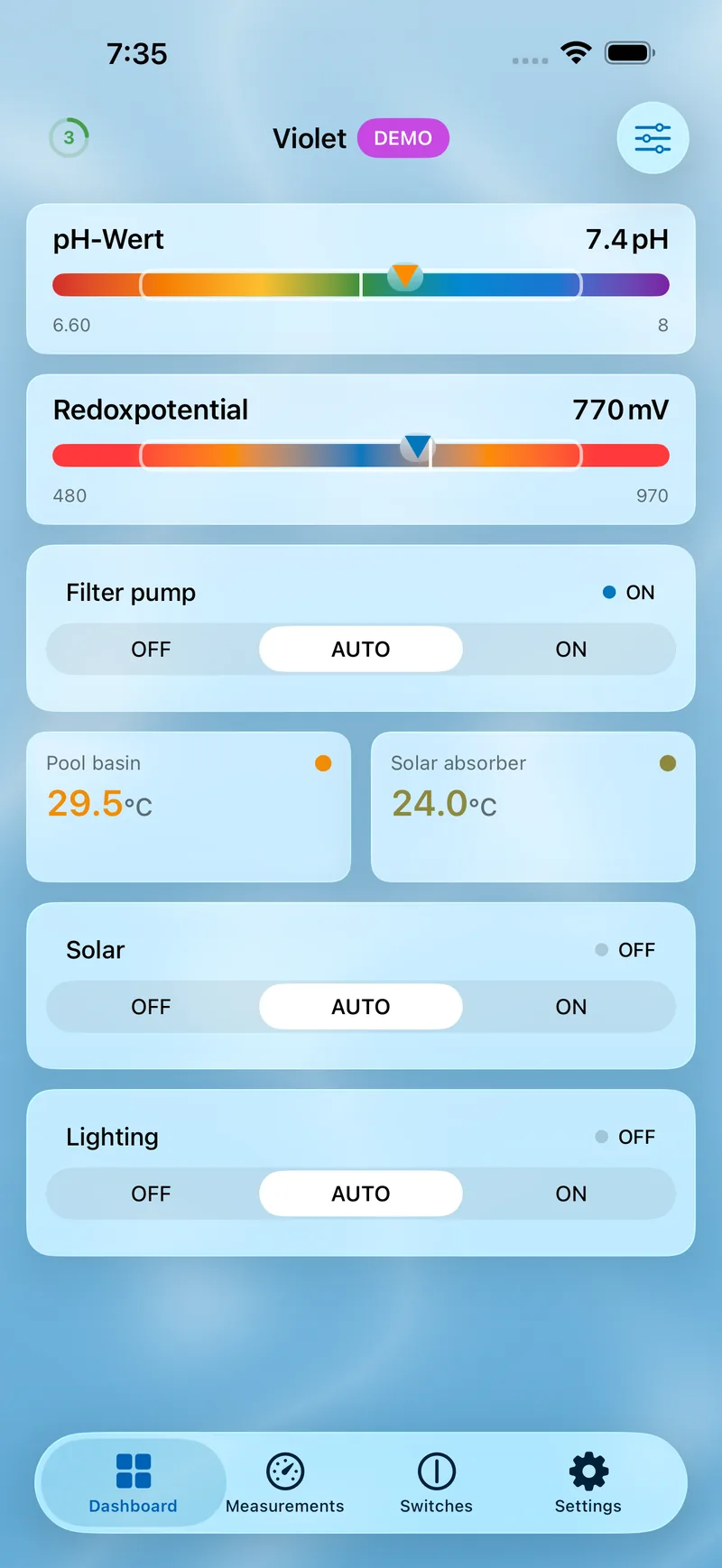 PoolPilot — Dashboard (VIOLET) on iOS