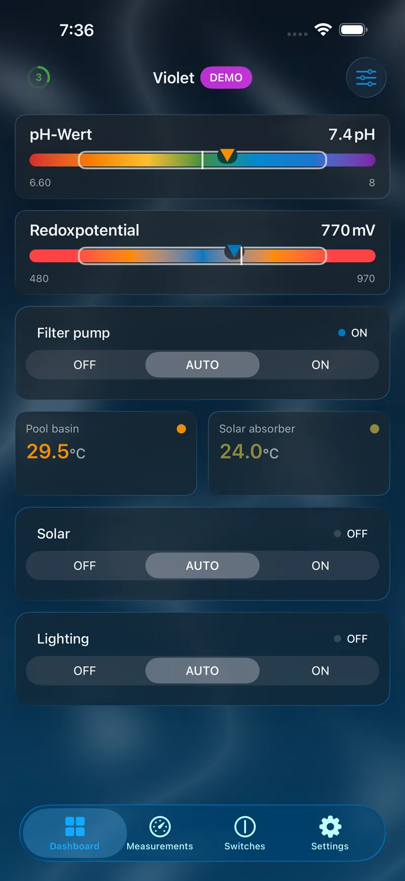 PoolPilot — Dashboard (VIOLET) on iOS