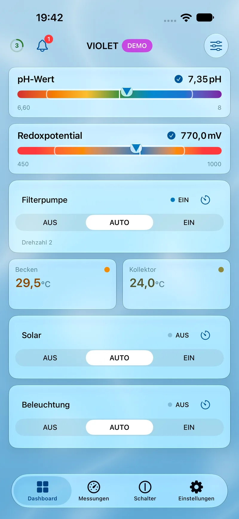 PoolPilot – Dashboard (VIOLET) auf iOS